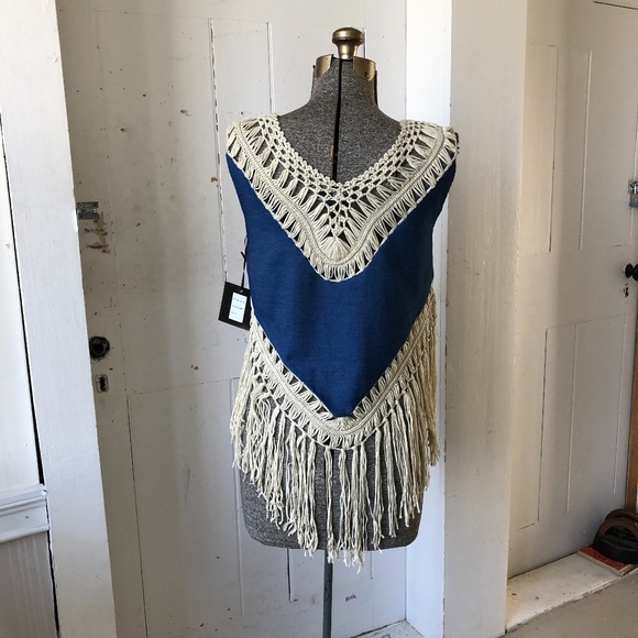 Cliche Crochet Fringe BoHo Denim Top - Picture 3 of 8